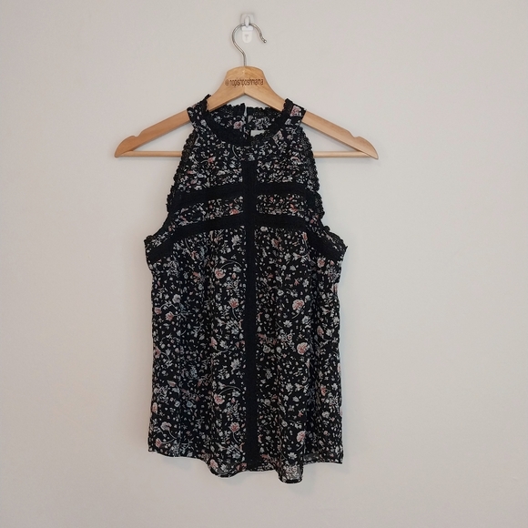 Anthropologie Maeve Ashley Top Floral Black Ruffle Size XXS - Picture 2 of 7